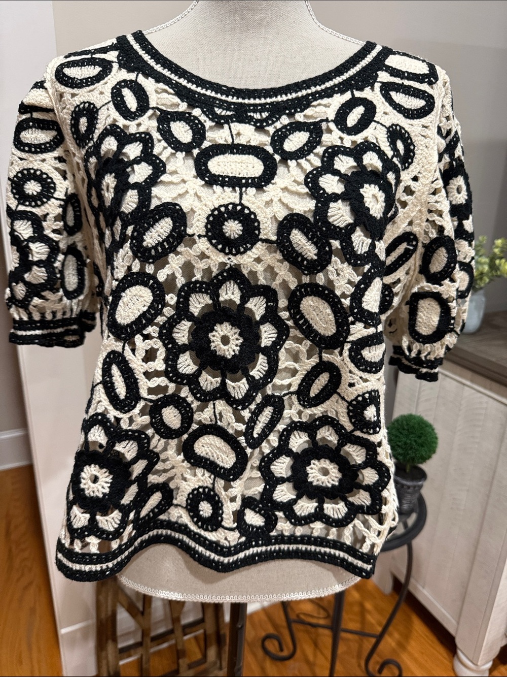 Black & Cream Crochet Floral Patchwork Top